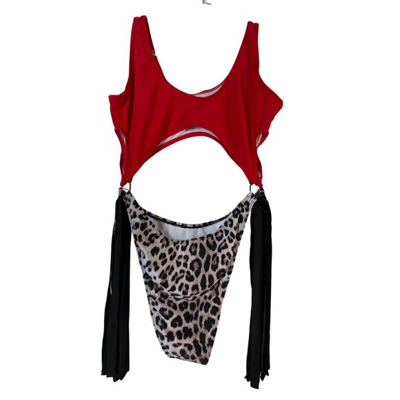 Red Leopard Print Cutout One Piece Swimsuit With Fringe Large Sexy Eighties  Hot - Picture 2 of 5